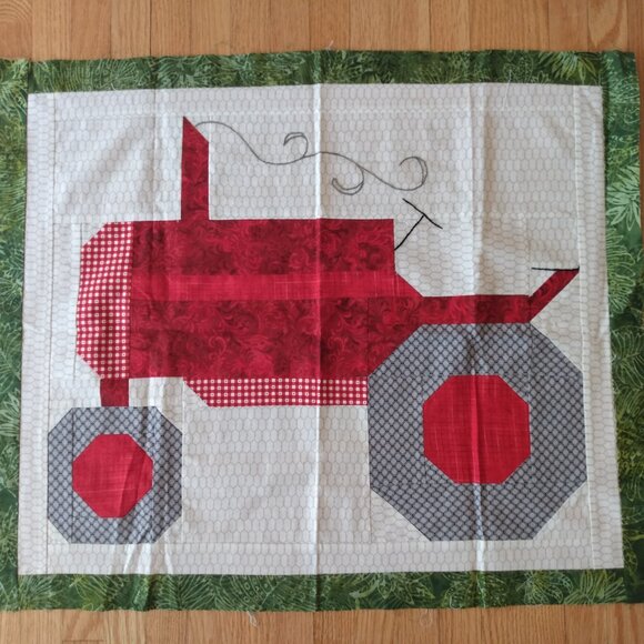 Quilted Farm Tractor Quilt Block Fabric Panel Red Green Pillow Cover Wallhanging - Picture 2 of 13